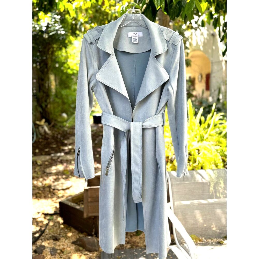 Magaschoni Light Blue Microsuede Open Front Belted Long Duster Coat Size M